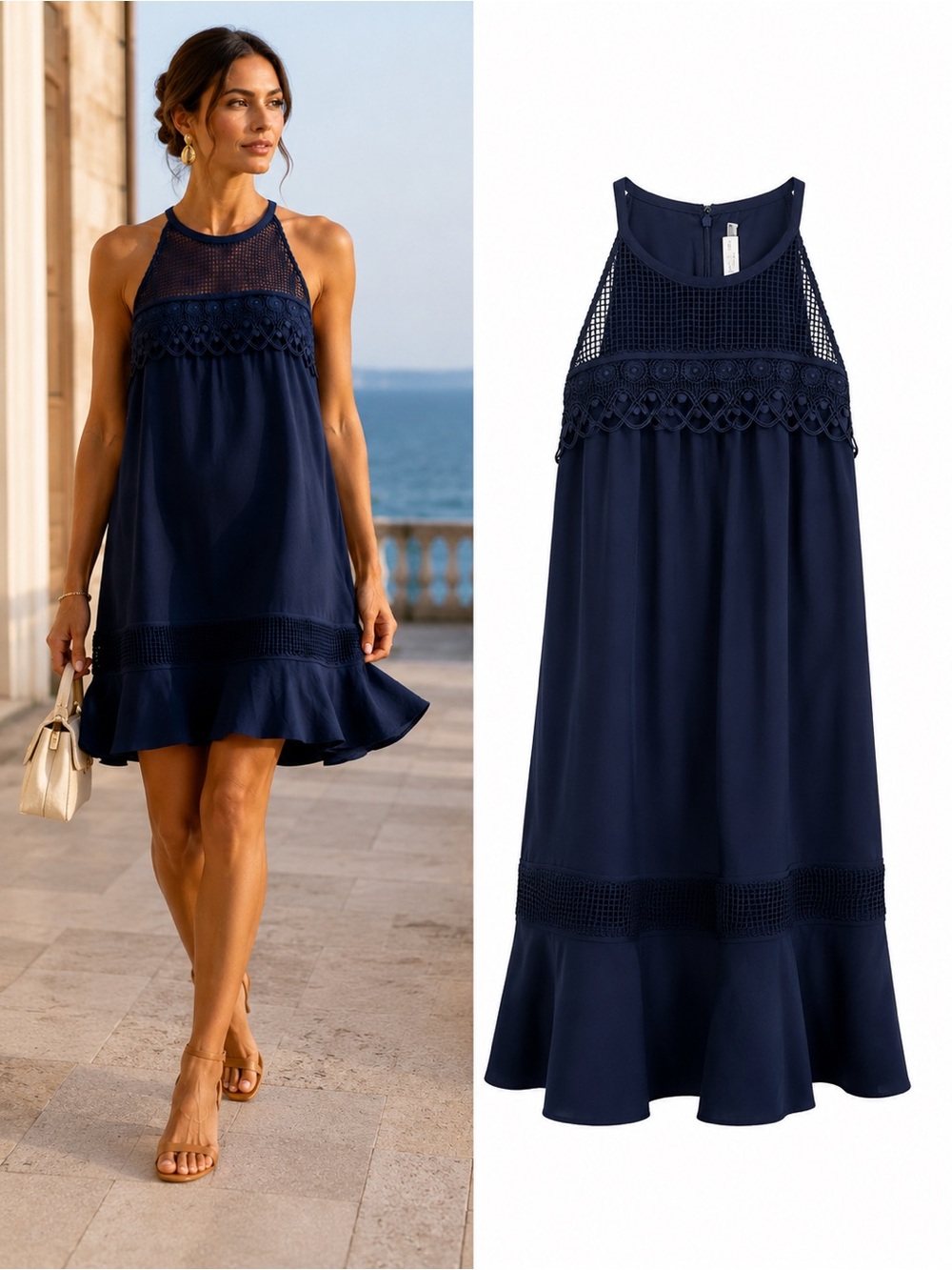 Ramy Brook Navy Blue Crochet Lace Halter Shift Dress Size 8 Resort Cocktail
